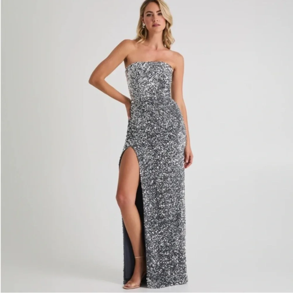 Helsi Dress Lola Strapless Column Maxi in Silver Sequins